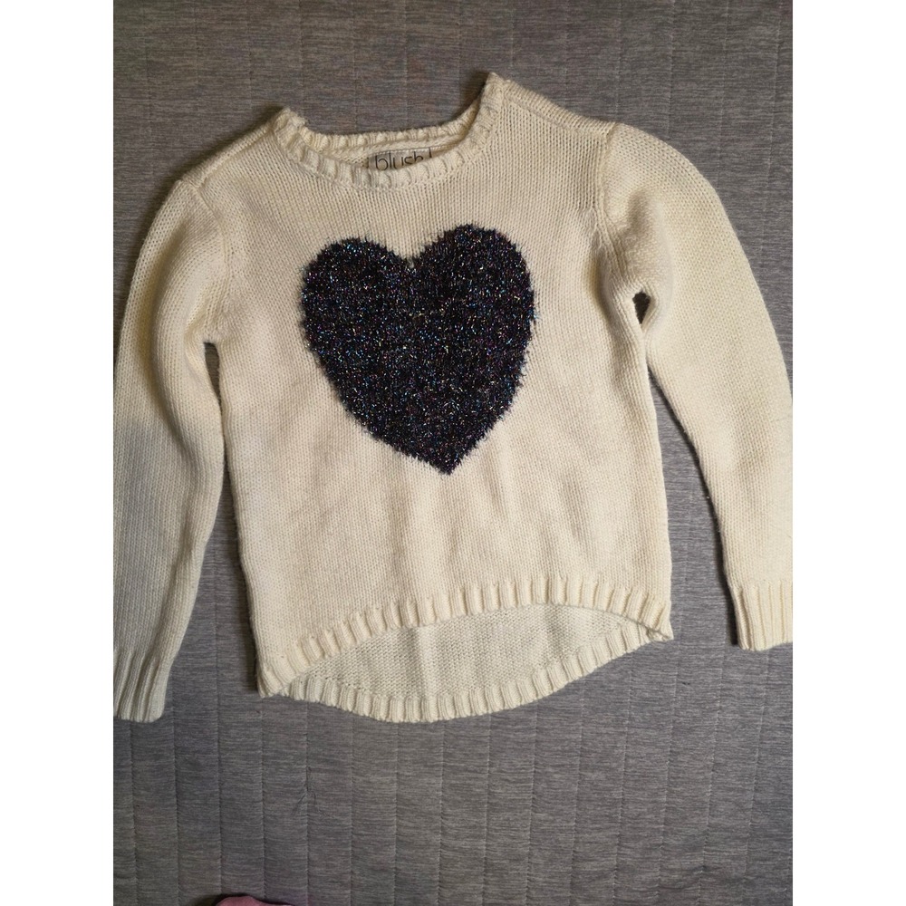 Blush by Us Angels Girls Ivory Knit Heart Sparkle High Low Sweater Size 4T